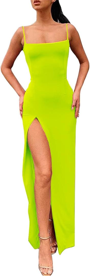 PRIMODA Women's Spaghetti Strap Bodycon Maxi Dress Long Formal Thigh-high Slit Club Wedding Guest Dress (Large, Neongreen)