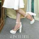 Ankis Black Platform Closed Toe Heels for Women, Womens Heels Closed Round Toe Chunky Block Pumps Shoes, 4 Inch, 6.5, White Pu