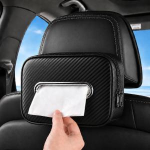Carbon Fiber Texture Car Tissue Holder, Extra Large Car Tissue Box Holder for 120230 Count Rectangular Tissue Boxes, Wider Opening, Dual Zipper, Fits Headrests, Consoles, and Seat Backs