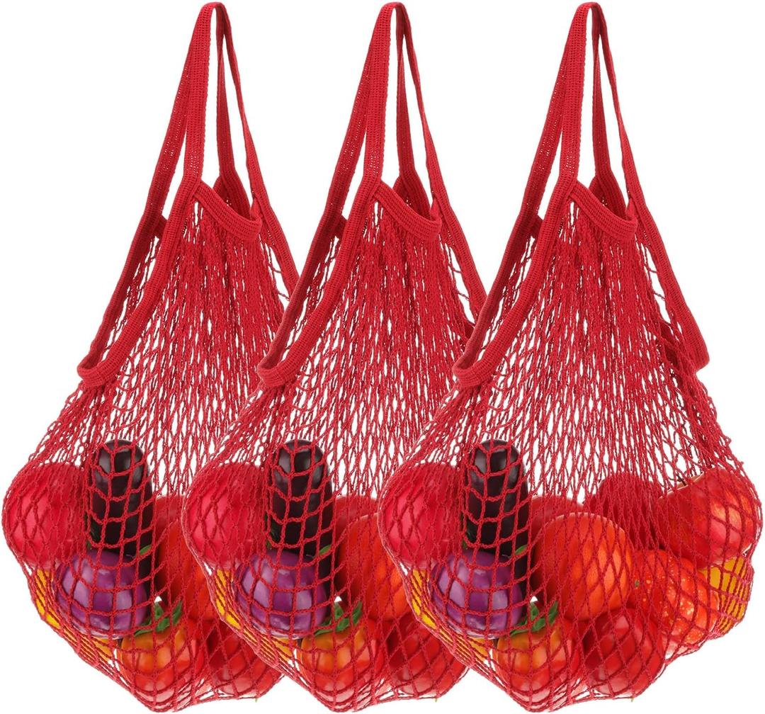 uxcell Reusable Mesh Produce Storage Bags Washable Net Portable Fruit and Vegetable Bag Cotton String Bags for Grocery Shopping (Red)