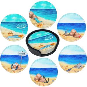 Summer Beach Leather Drink Coasters Set of 6 with Holder Ocean Scene Print Round Cup Coaster for Table Decor