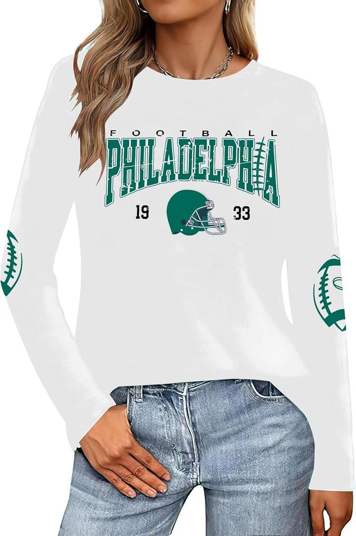 Football Season Long Sleeve Shirts For Women Game Day Team Fans Top Football Helmet Tee Crewneck Pullover Tops (L)