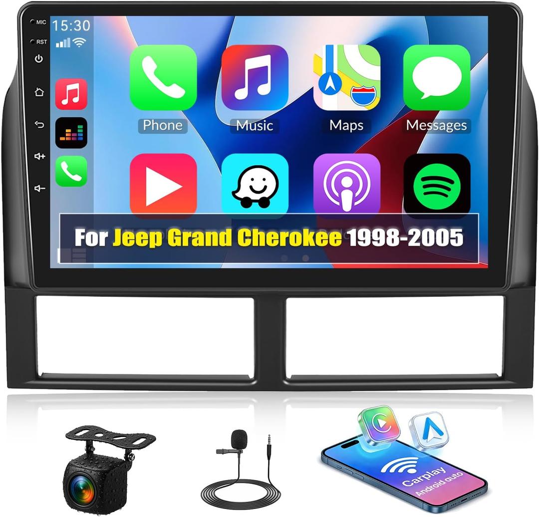 [4G+64G] Car Radio for Jeep Grand Cherokee 1998-2005 with Wireless CarPlay Android Auto,9" Touchscreen Android 15 Car Stereo with Mirror Link Voice Control WiFi/GPS,Bluetooth,FM/RDS+Backup Camera