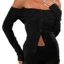 Floerns Women's Going Out Off The Shoulder T Shirts Long Sleeve Knit Button Front Fall Tops Black Medium