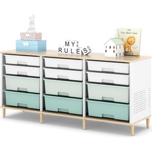 12 Drawers Storage Cabinet with Wooden Top and Plastic Bins, Toy Storage Organizer Toy Shelf Storage Chest Cubby Organizer for Home, Office, Playroom, Classroom & Craft Room Storage (Green)