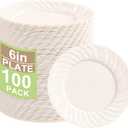 U-QE 100 Count 6 Inch Ivory Plastic Plates - Scalloped Dessert Plates Disposable - Premium Fancy Disposable Heavy Duty Party Supplies for Party, Celebrations, Weddings and Events