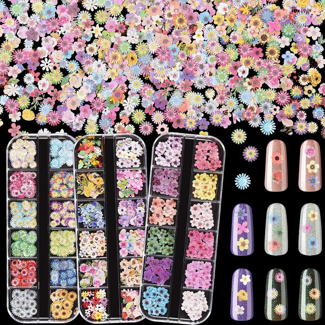 Maitys 3 Boxes 1080 Pcs 3D Flowers for Nails Decals (Not Self Adhesive or Stickers) Colorful Mixed 3D Flower Leaves Wood Pulp Nail Sequins for DIY Manicures