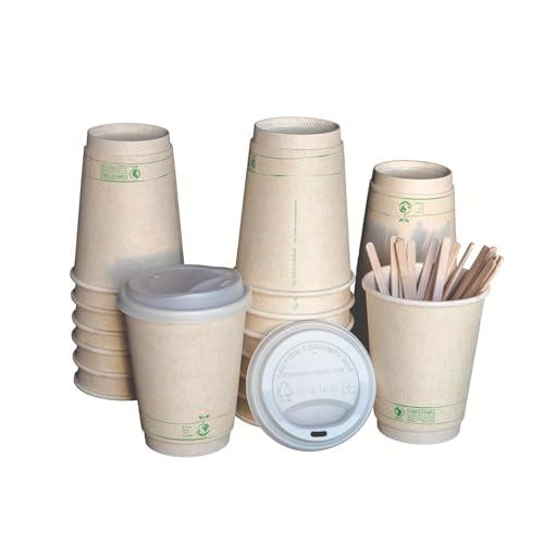 Living Balance Certified Compostable Coffee Cups with Lids 12 oz – 100 Pack with Stirrers & Integrated Sleeves|Sturdy Double-Wall, Leak Proof, BPA-Free & CPLA Certified|To-Go cup for Hot & Cold Drinks