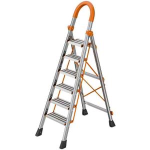 6 Step Folding Ladder, Step Stool with Wide Anti-Slip Pedal, Sturdy Steel Ladder, Convenient Handrail, Lightweight, Portable for Home, Kitchen, Garage