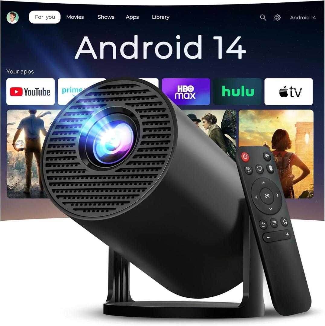 Mini Projector with WiFi 6 and Bluetooth 5.4 Built-in Android 11, 1080P 4K Support Portable Projector, Auto Vertical Keystone, LYNCAST 180° Rotatable Projector for Home,Outdoor OptiBarrel 500 Black