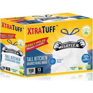 XtraTuff Tall Kitchen Drawstring Trash Bags, 13 Gallon, 150 Count, Lemon Mint Scented, MegaFlex Technology, Leak and Puncture Resistant, BPA Free