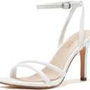 Women's Heels Strappy Ankle Strap High Heels 3.5 Inch Heeled Square Open Toe Sandals for Women (White)