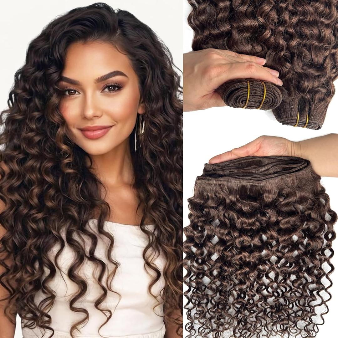 Water Wave Human Hair Bundles Sew in Hair Extensions Real Human Hair Wefts, Chocolate Brown Hair Wefts Extensions Real Human Hair Weave Bundles 20 Inch Burmese Human Hair Weft Curly Bundles 100G