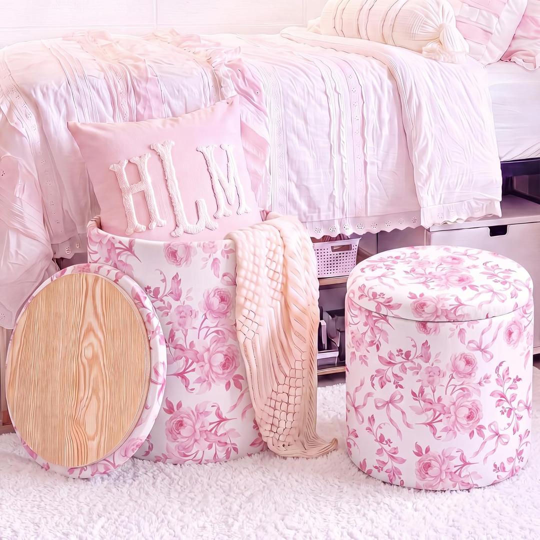 Geetery 2 Pcs Dorm Ottoman with Storage Pink Bow Floral Round Ottoman, Small