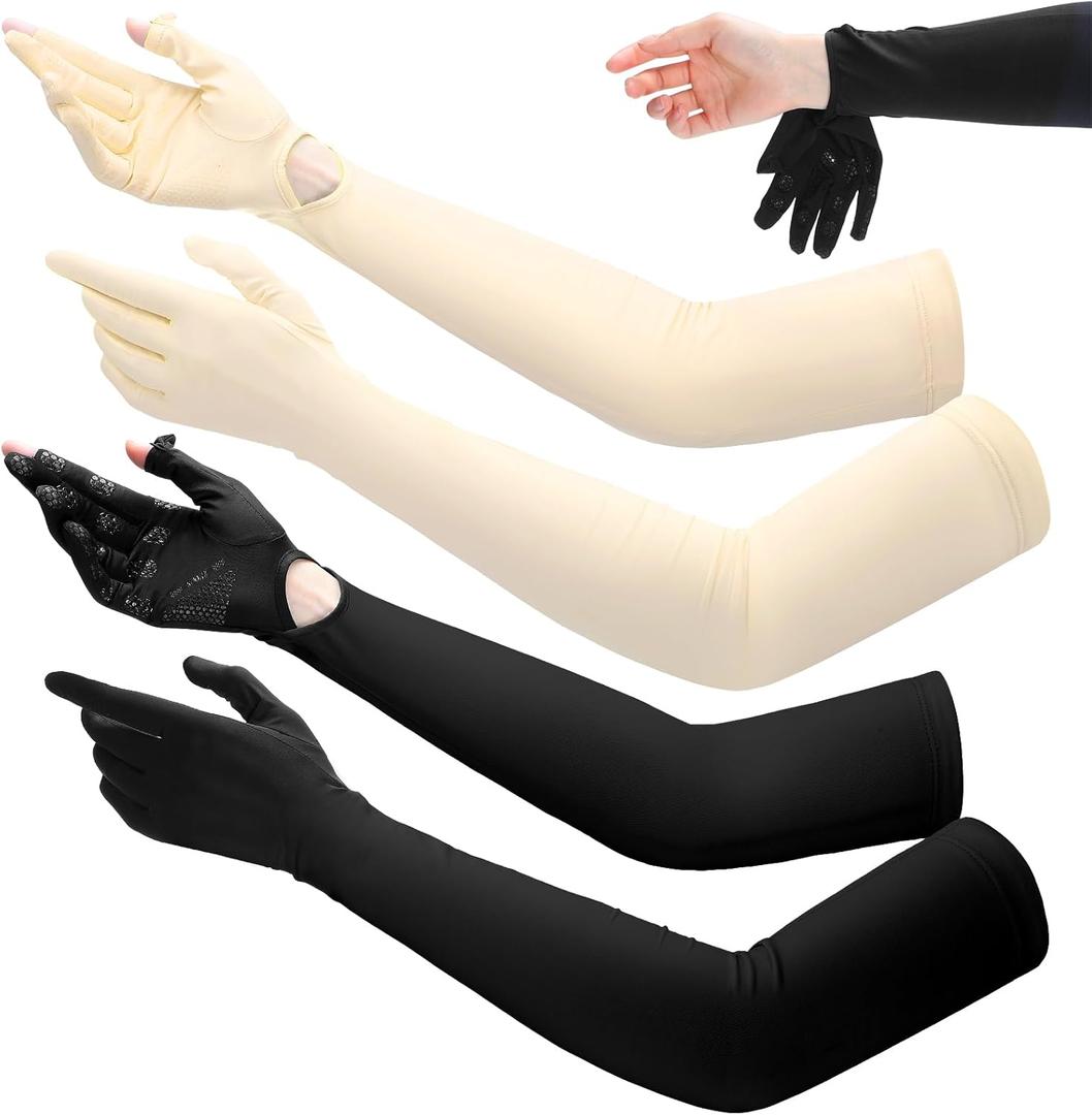Yahenda 2 Pairs Women UV Long Sun Protection Gloves Touchscreen Arm Sun Driving Gloves UPF 50+ for Outdoor Sports Cycling (White, Black)
