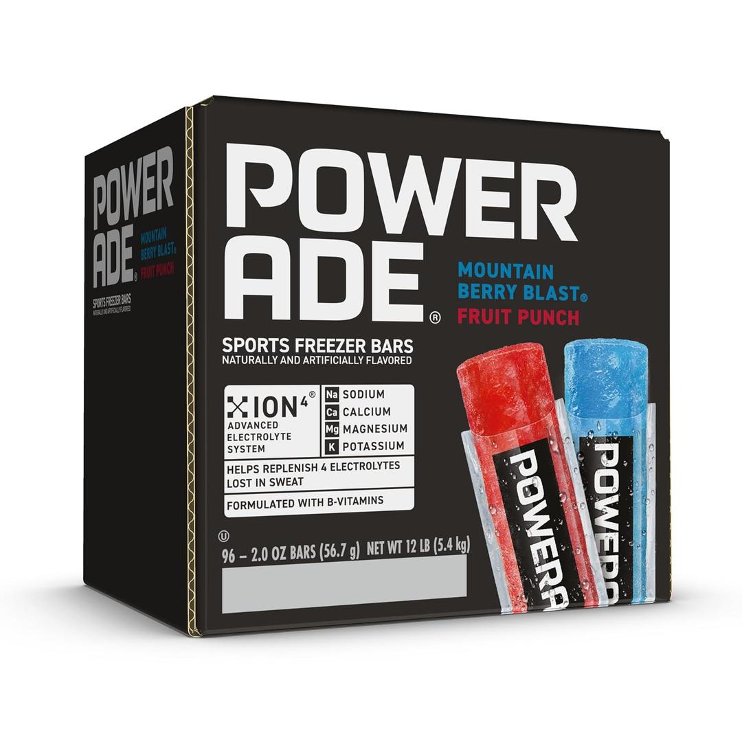 POWERADE Sports Freezer Bars 2 oz, Refreshing Ice Pops with Electrolytes B Vitamins Naturally Flavored with Other Natural Flavors, Mountain Berry Blast and Fruit Punch, 96 Total Freezer Bars (EXP 08/31/26)