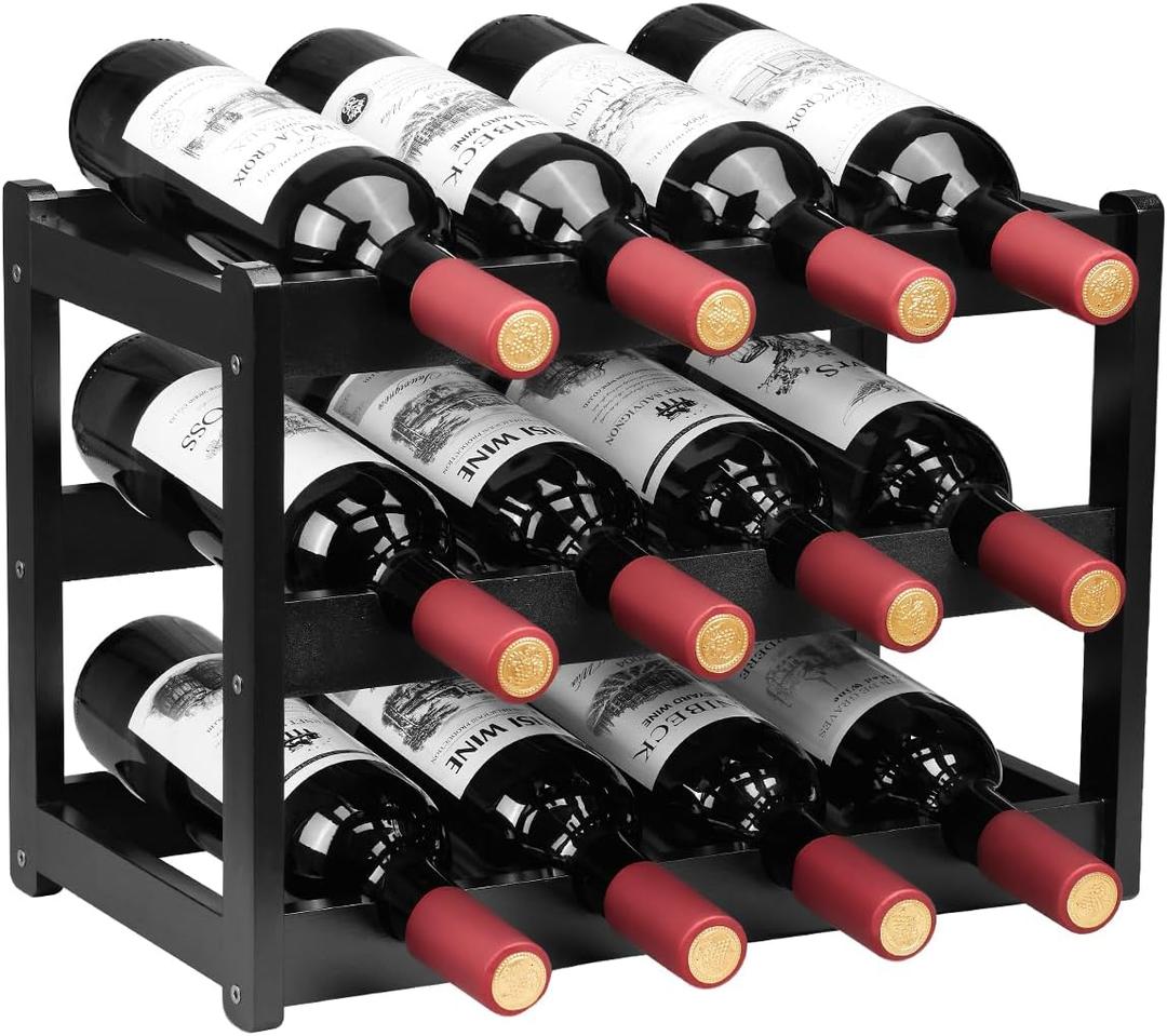 Homevany Bamboo Wine Rack, Sturdy and Durable Wine Storage Cabinet Shelf, Wine Racks Countertop for Pantry - 3 Tiers 12 Bottle Wine Rack, Black