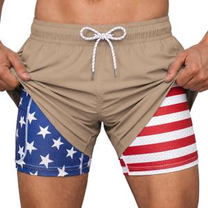 Men Swim Trunks 5 Inch Inseam Compression Liner Quick Dry Drawstring Zipper Pockets for Summer Beach Surfing Water Sports