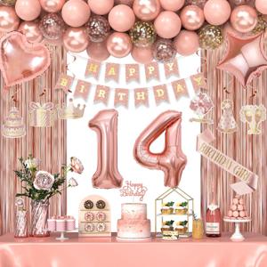 14th Birthday Decorations for Girls, Happy 14 Birthday Decorations for Her, Rose Gold Birthday Party Supplies with Banner, Number Balloons, Fringe Curtains, Hanging Swirls, Foil Balloons
