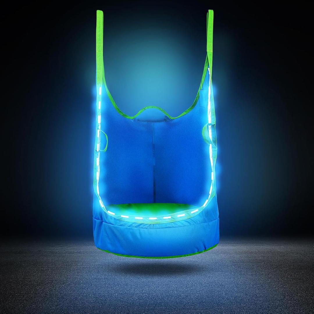 Upgraded Kids Pod Swing Chair,Child Hanging Hammock Chair with Led Lights,900D Oxford Cloth Pod Swing Seat for Indoor and Outdoor with All Accessories (Blue)
