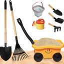 Todders Wheelbarrow Gardening Set, Kids Rake and Shovel Set for Dirt Digging, Garden Tools Equipment for Yard Outdoor Sandbox Summer Toys Gifts for Ages 2-5 Years (8pcs Orange Wagon Set)