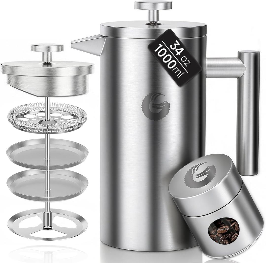 Coffee Gator 304 Grade Stainless Steel French Press Coffee Maker 34 oz, Double Wall Insulated Teapot with 4-Level Filtration System, Include Travel Jar Canister, Rust-Free, Dishwasher Safe, Silver