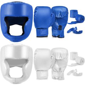 Kanayu 14 Pcs Boxing Gloves and Headgear Set for Beginners Youth 16 Ounce Boxing Gloves Headgear Helmet Hand Wraps Mouth Guards Equipment for Beginners Training Equipment Gifts (Blue, White)