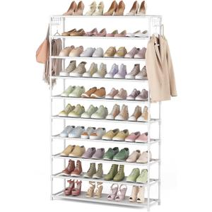 LANTEFUL 10 Tiers Shoe Rack 50 Pairs Large Capacity Tall Shoe Organizer Sturdy Shoe Storage with Two Hooks Space Saving Metal Wide Shoe Rack for Closet, Entryway, Bedroom, White