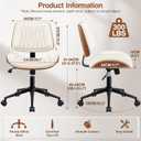 Ergonomic Armless Office Desk Chair - Mid-Century Modern White Faux Leather with Diamond Stitch, Adjustable Height Swivel Rolling Task Computer Chair with Walnut Accent for Home Office, Study & Work, 23.2 inches x 23.2 inches x 37 inches