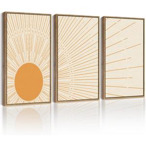 PHOPAGO Boho Sun Wall Art Minimalist Bohemain Framed Wall Printing Large 16x24in Sun Lines Warm Prints Decor - Natural Framed