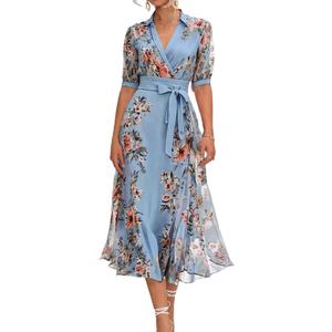 LOZ Womens Summer Dresses 2025 Blue Floral Puff Short Sleeve V-Neck Belt Midi Dress Fashion A-Line Wedding Guest Dresses (Blue, M)