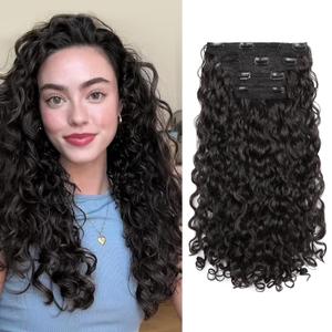 REECHO Curly Hair Extensions - 4PCS 18" GoGo Curly Clip in Hair Extensions 100% Super Protein Hairpieces with Invisible Lace Weft Silky Soft Natural Look for Women - Black Brown