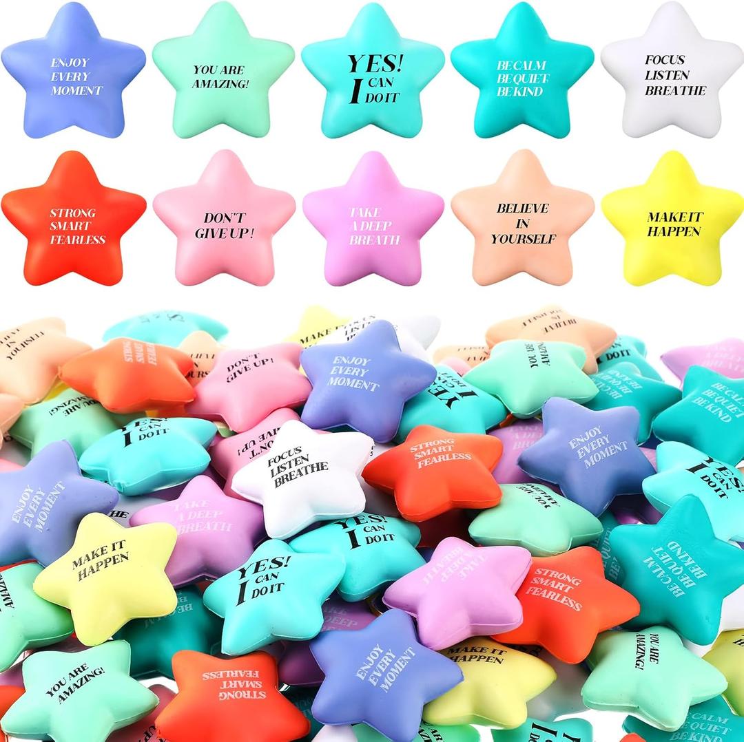 Sotiff 100 Pack Star Stress Balls Bulk Stress Relief Balls with Motivational Quotes Mini Inspirational Foam Party Favors Gifts for Kids Adults Anger Fidget Relief Exercise(Cute Colors)