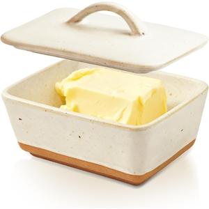 Ceramic Butter Dish With Lid for Countertop,Porcelain Butter Container,Large Covered Butter Dish,Vintage European Butter Holder with Lid,Farmhouse Decor,Dishwasher Safe (White)