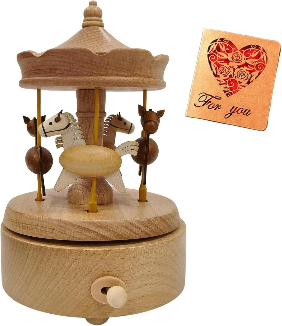 Briskfeel Wooden Carousel Music Box with Moving & Elevating Horses, Rotating Wind-Up Decor, Collectible Mechanical Musical Box, Timeless Gift