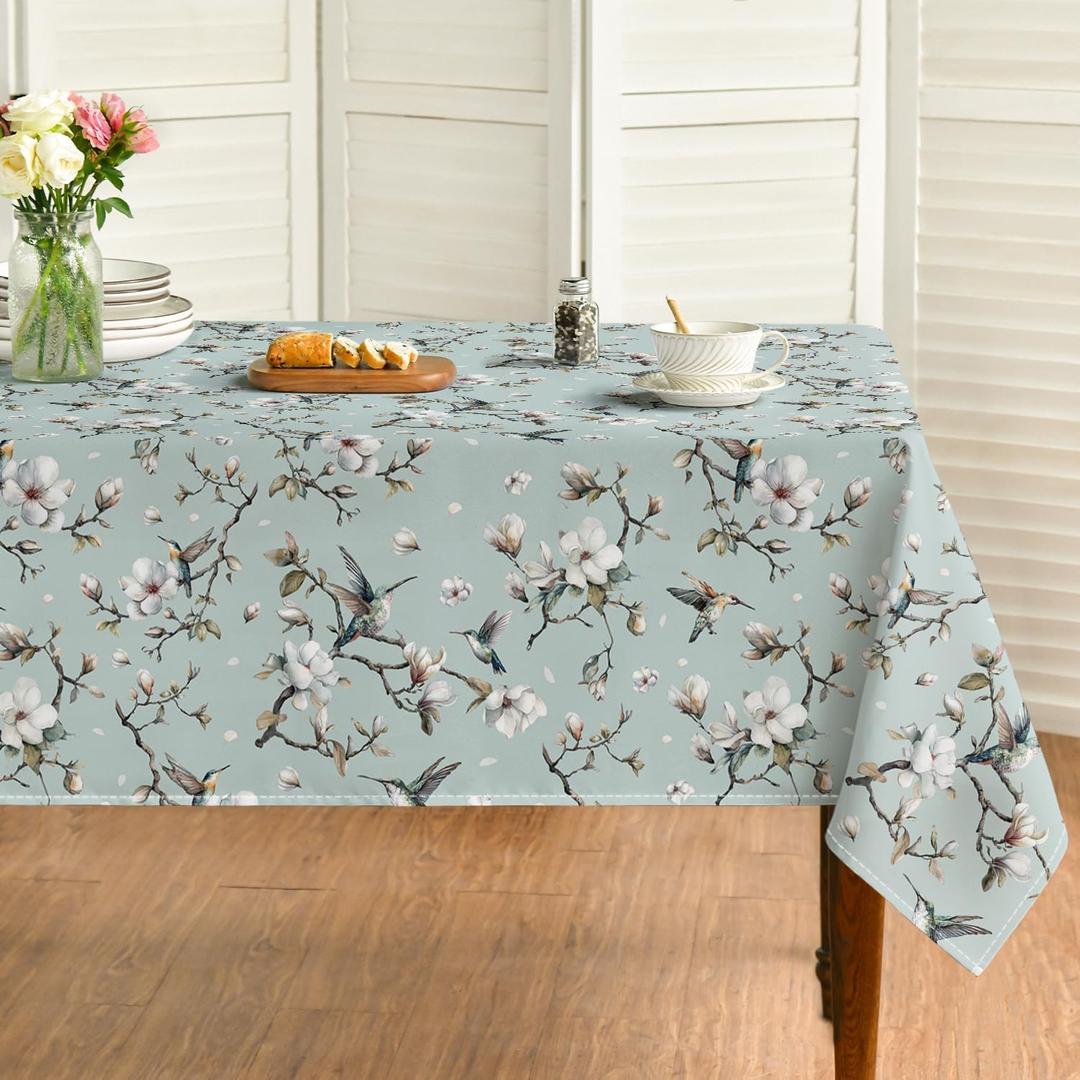 Horaldaily Spring Tablecloth 60120 Inch Rectangular, Magnolia Flower Birds Branch Washable Seasonal Table Cover for Party Picnic Dinner Decor