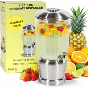Drink Dispenser with Ice Chambers, Lemonade Tea Water Dispenser with Spigot, Stainless Steel Beverage Jar Jug, Perfect for Home Parties, Weddings, Gifts & Events (Silver, 3, Gallons)