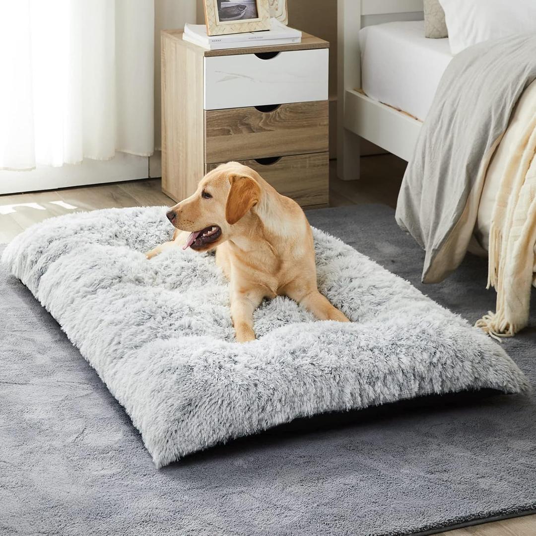 BFPETHOME Dog Beds for Large Dogs, Plush Dog Crate Bed Fluffy Cozy Kennel Pad for Sleeping &Ease Anxiety, Washable Pet Mats with Anti-Slip Bottom for Large Dogs, Grey(35x23 Inch)