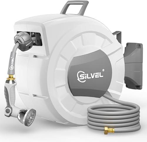 SILVEL Retractable Garden Hose Reel, 1/2 in x 75 ft Wall Mounted Garden Hose Reel, with 10 Pattern Nozzle, Any Length Lock, Slow Return System, 180°Swivel Bracket