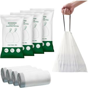 SONGMICS Trash Bags, Drawstring Kitchen Garbage Bags, Pre-Separated, Box-Free Pack, for 8-Gallon (30 L) Trash Cans, Liner Code 30A, 4 Rolls, 180 Count, White UKRB030A04