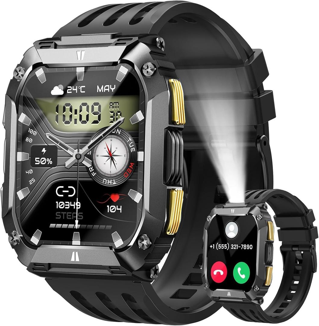 Smart Watches for Men, 1.95'' Mens Military Smart Watch for Android & iPhone, Waterproof Fitness Tracker Watch with Flashlight/100 Days Battery Life/Call/Heart Rate Sleep Monitor/100+ Sport Modes