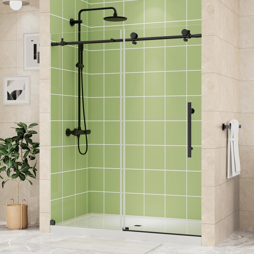 DELAVIN 48" W x 75" H Frameless Shower Door, Sliding Shower Door with 1/4" (6mm) Clear SGCC Certified Tempered Glass, Explosion-Proof Film, Stainless Steel top Rail