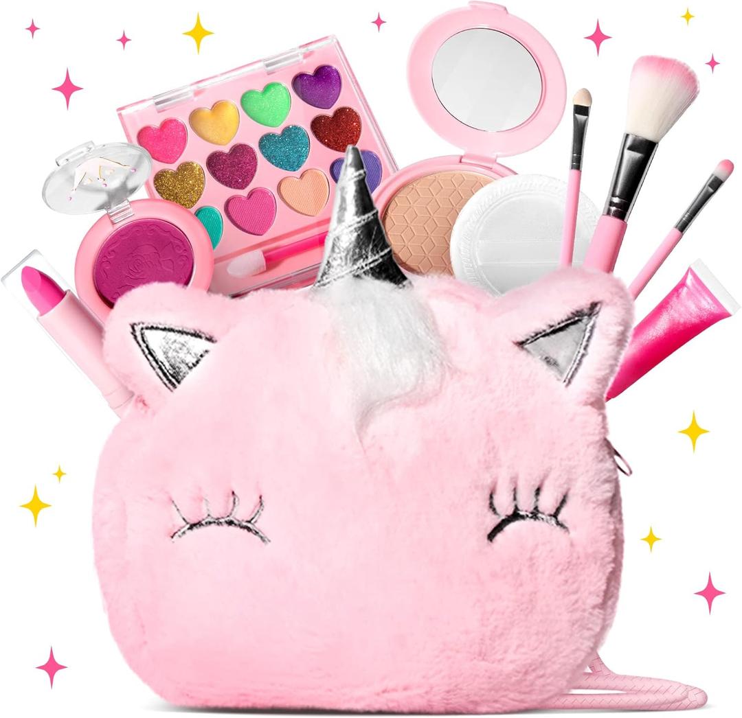 ULOVEME Kids Real Makeup Kit for Girls with Fluffy Purse - Real, Non Toxic, Washable Make Up Toy - Unicorn Toys Gift for 3 4 5 6 7 8 Years Old Girls Birthday (Pink Unicorn)