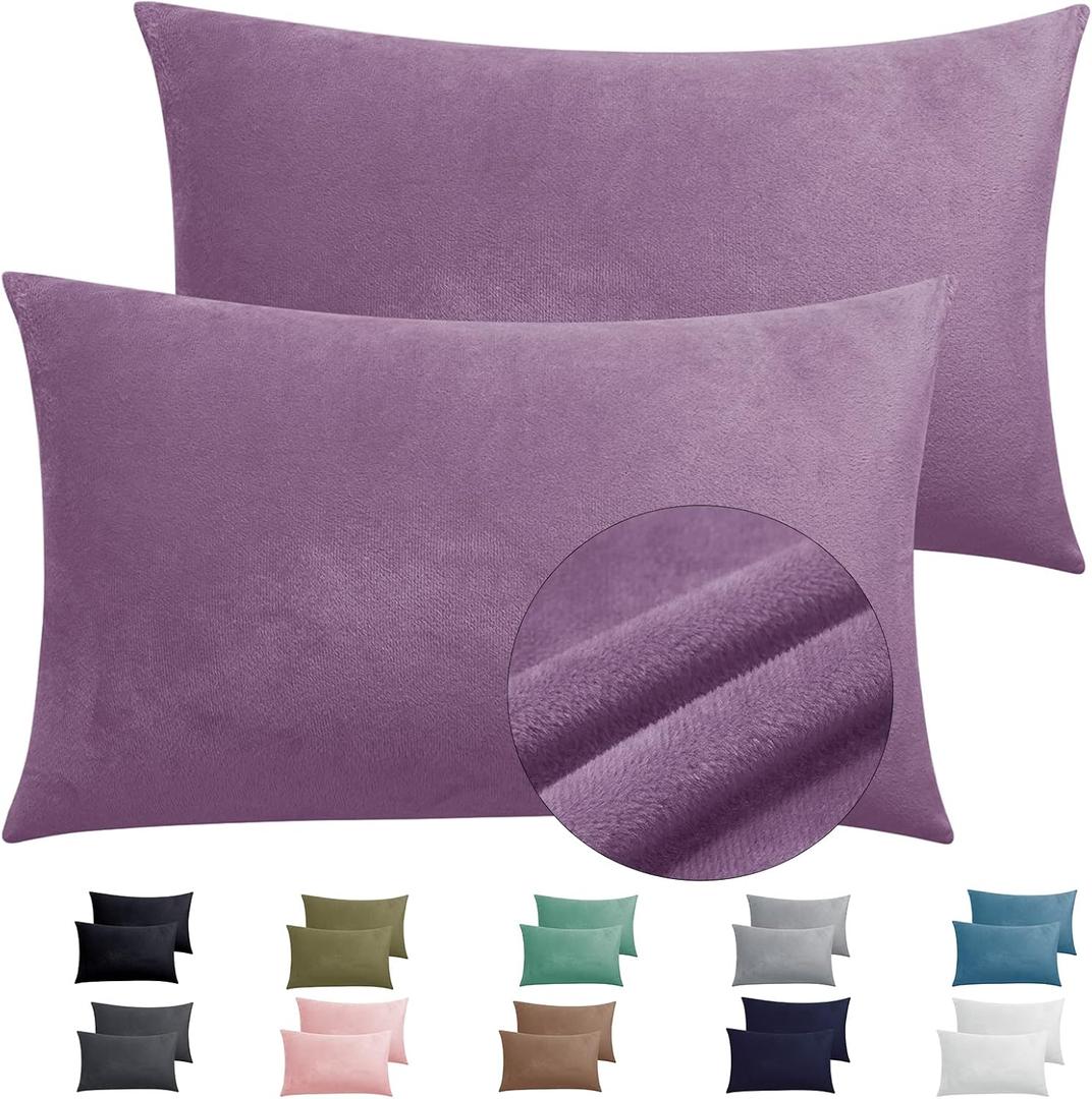2 Pack Zippered Velvet Standard Pillowcases, Super Soft and Cozy Luxury Fuzzy Flannel Pillow Cases with Zipper, 20x26 Inches, Purple