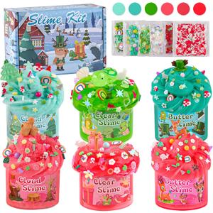 LAWOHO 6 Packs Red & Green Slime for Kids- Clear, Butter, Cloud Slime Making Kit with Glow in The Dark Add-ins & Charms, Slimes Kit for Boys & Girls Party Favors, Birthday Halloween Christmas Easter