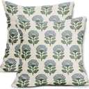 Blue Green Floral Block Print Pillow Covers 16x16 Set of 2 Flower Pattern Cream Spring Summer Decorative Throw Pillowcases Outdoor Rustic Farmhouse Cushion Cases Decor for Home Couch Sofa Bed