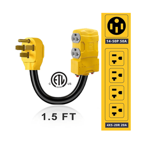 50 Amp to 20 Amp 110V RV Distribution Adapter, NEMA 14-50P to 4 X 5-20R/15R RV Generator Adapter, 4-Prong to Mutiple Household Outlet w/ 20amp Circuit Breaker, 1.5FT