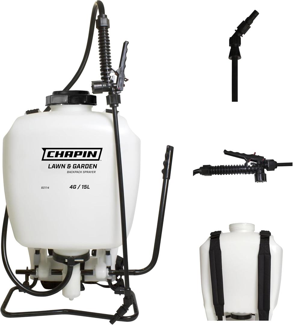 Chapin 60114 Backpack Sprayer, 4Gallon Pump Sprayer, Translucent Poly Tank, 3Stage Filtration, Adjustable Poly Cone Nozzle & 20" Wand for Lawn & Garden Weed, Pest & Fertilizer Applications
