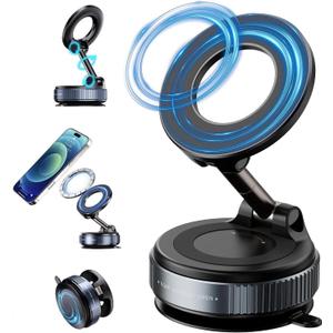 Vacuum Magnetic Phone Holder - 360 Adjustable Magsafe Car Mount, Foldable Car Phone Holder with Strong Suction Cup Mount, Universal Fit for All Smartphones