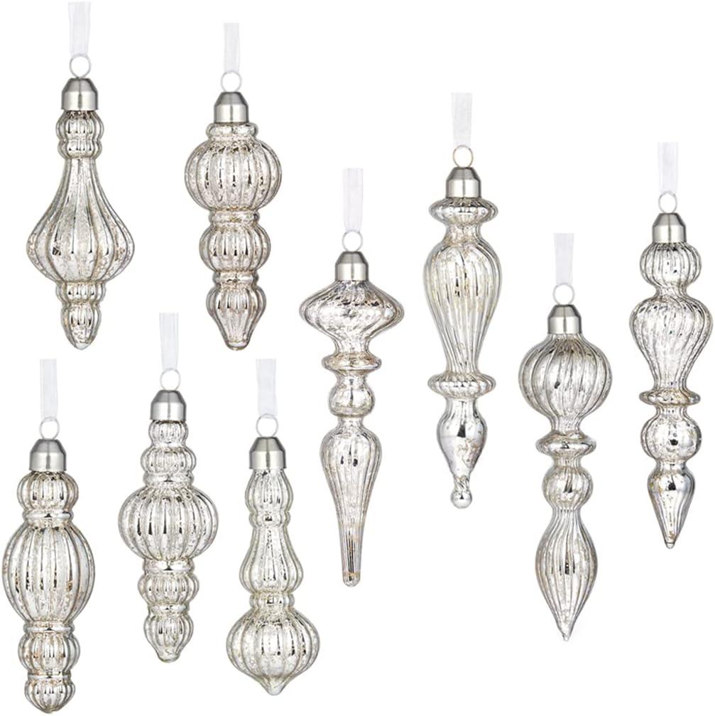 Glass Christmas Ball Drop Finial Ornaments Holiday Trees Wreaths & Garland Decor Silver Color (9 Pieces)